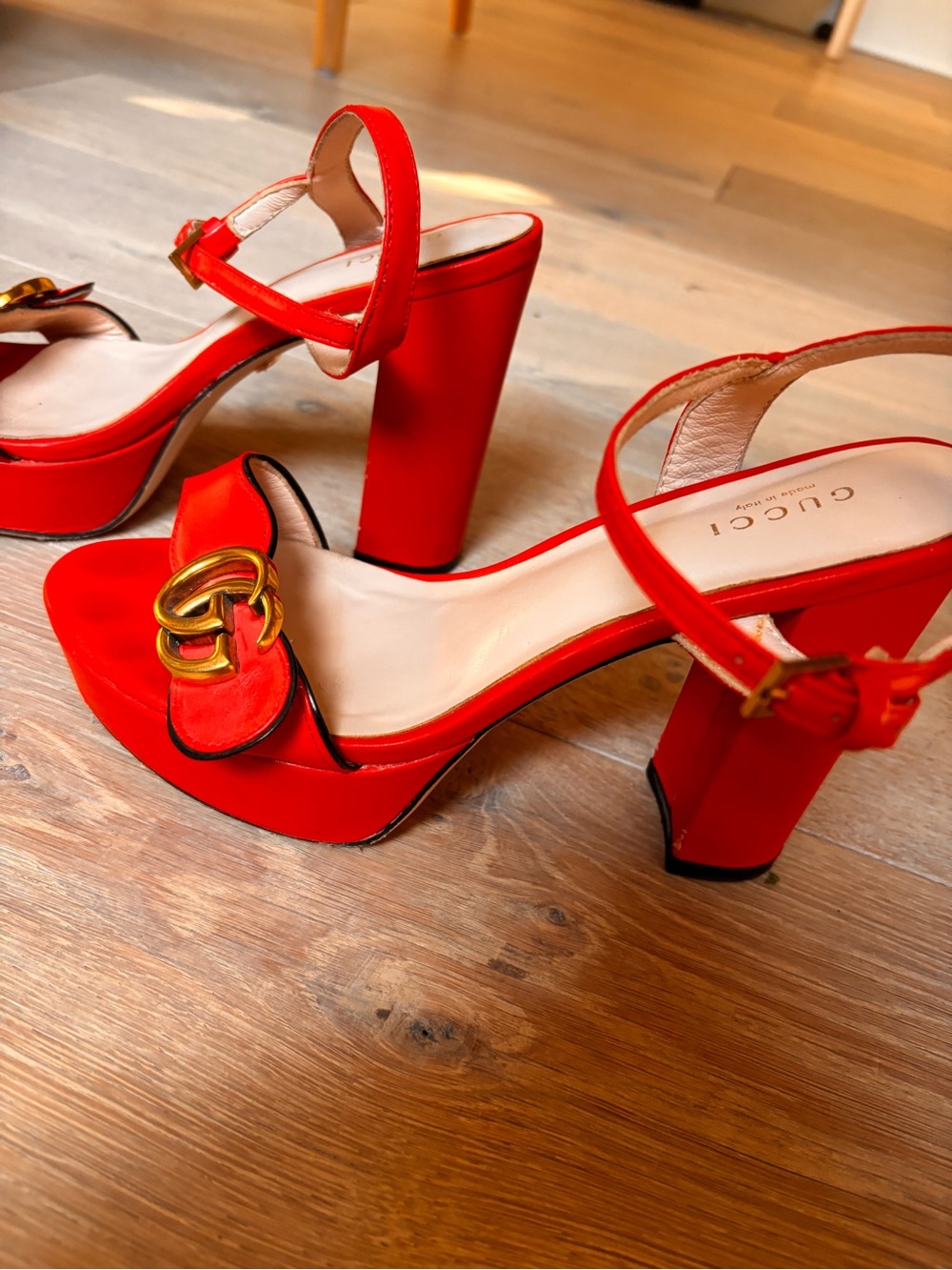 Gucci Red Platform Sandals with Gold Interlocking Detail